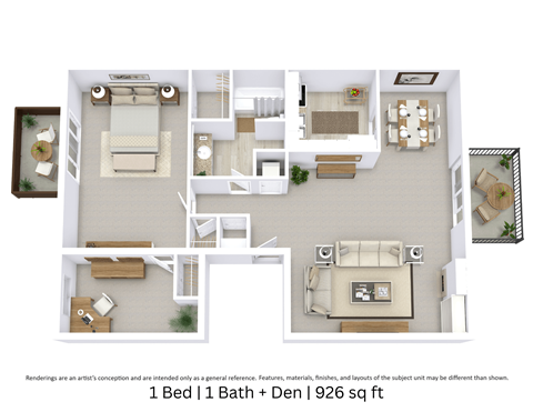 Floor plan for 1 bed, 1 bath, 926 sqft